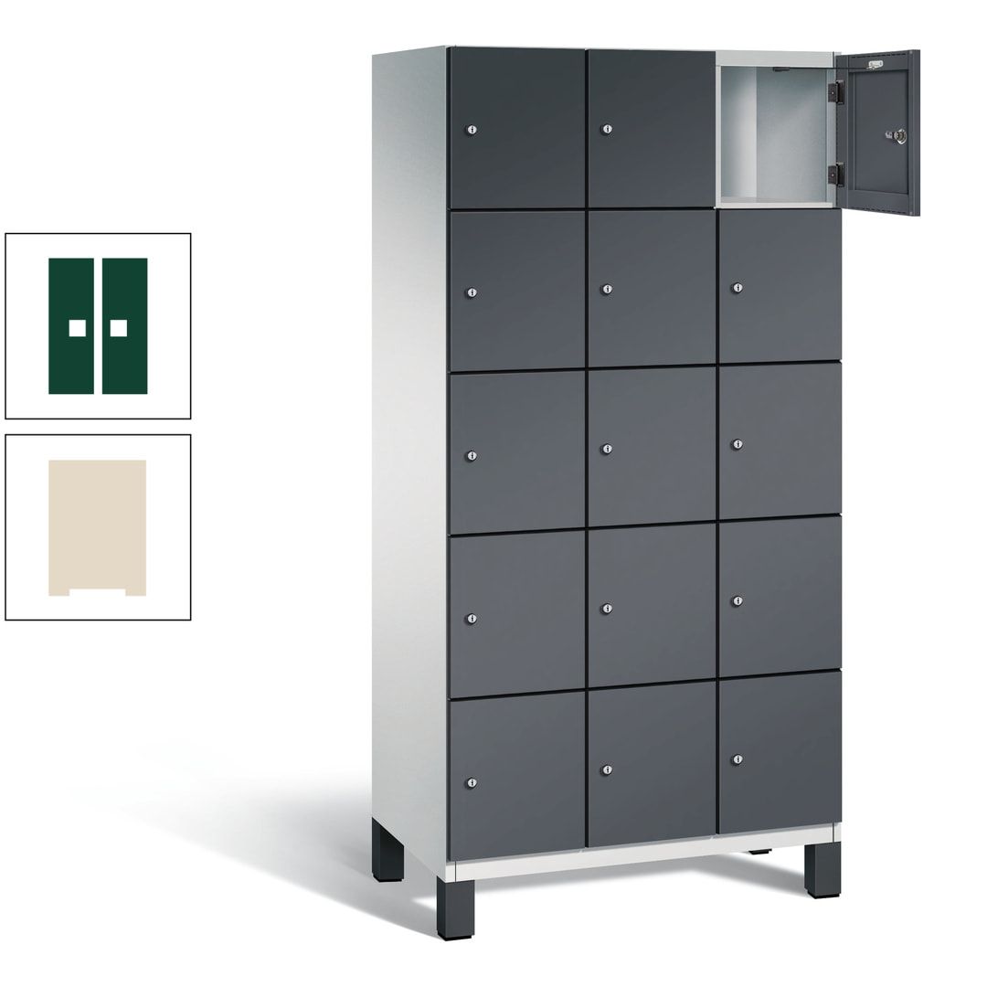 Fächerschrank, Stahlschrank, 15 Fächer, Türöffnungsbegrenzer, Füße, 1.980 x 900 x 525 mm (HxBxT), Korpus anthrazitgrau, Front anthrazitgrau