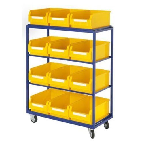 Kommissionierwagen für Sichtlagerkästen, Traglast 230 kg, Ladefläche 480 x 960 mm, 4 Etagen, Farbe enzianblau