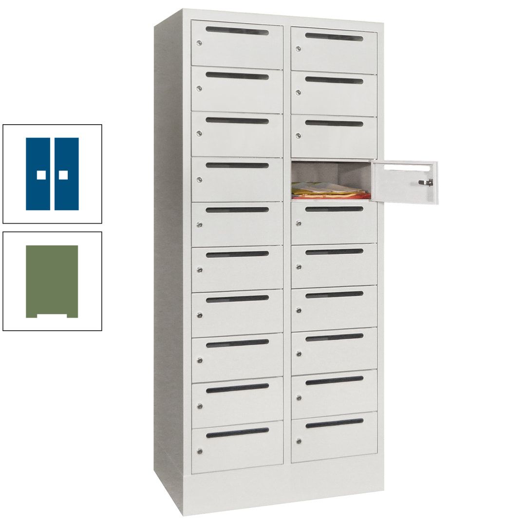 Postverteilerschrank, Schließfachschrank, 2 Abteile a 400 mm, 20 Fächer, 1.850 x 800 x 500 mm (HxBxT), Korpus anthrazitgrau, Front anthrazitgrau