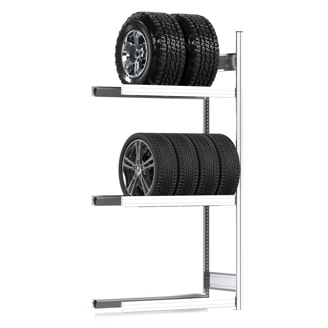 Reifenregal mit Tiefenriegel - 250 kg - 2.000 x 1.005 x 400 mm (HxBxT) - 3 Ebenen - Anbauregal - Steckregal BERT