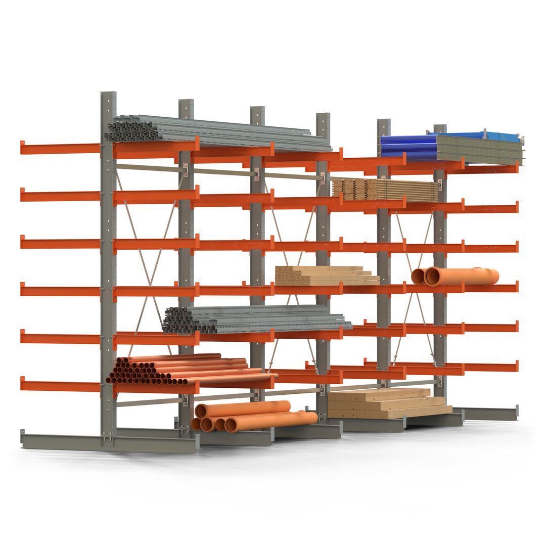 Doppelseitiges Kragarmregal, 2 Felder, 3.000 x 2.560 x 1.120 mm (HxBxT), Nutztiefe 500 mm, Kragarmlast 870 kg, KARL basic, silbergrau/reinorange