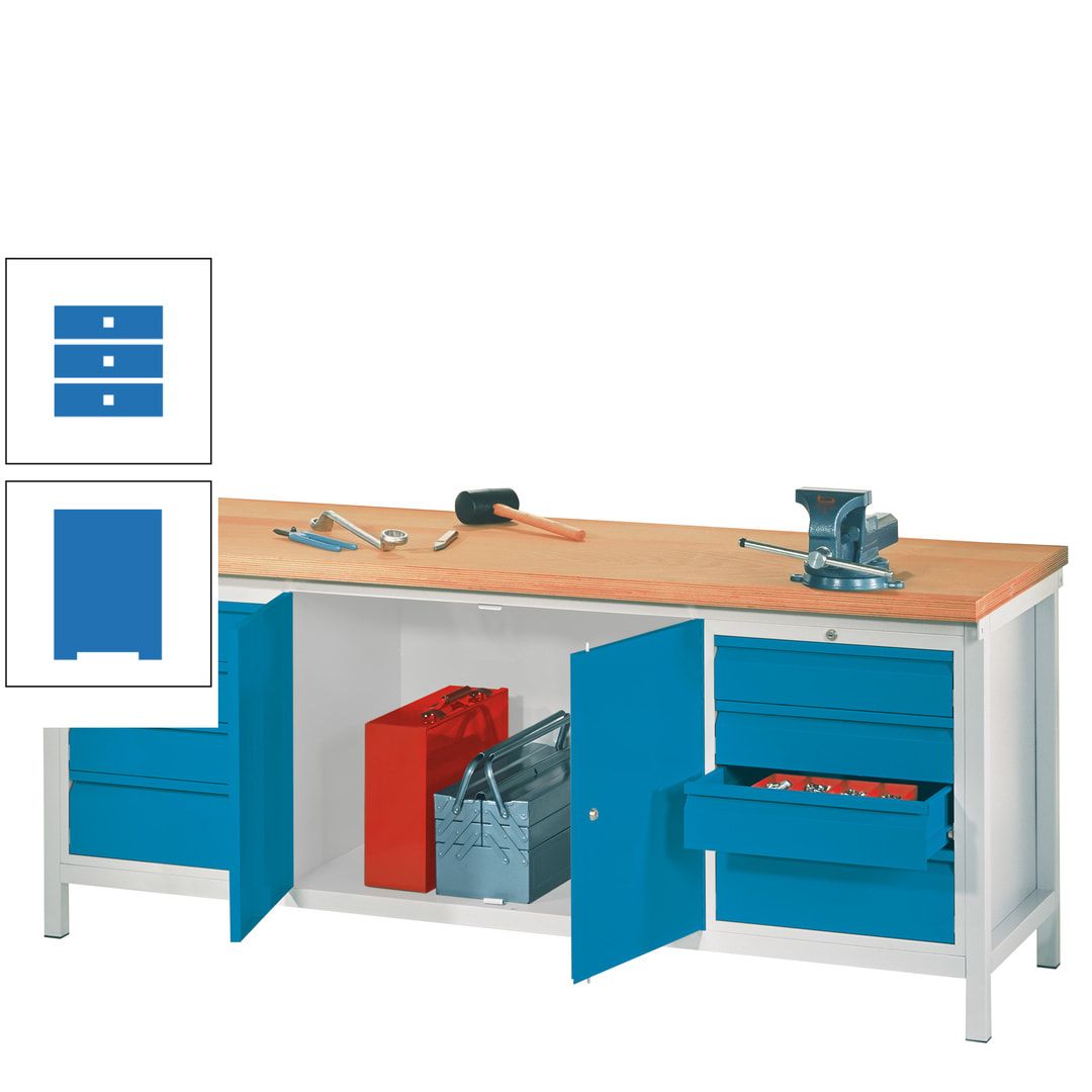 Werkbank mit Schubladenblöcken und Schrank - Traglast 1.400 kg - 900 x 2.000 x 700 (HxBxT) - anthrazitgrau
