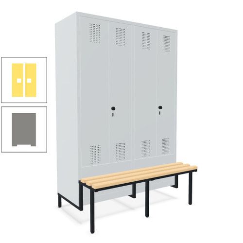 Doppel-Spind, Garderobenschrank, Buche Sitzbank integriert, 4 Abteile 300 mm, Korpus anthrazitgrau, Tür anthrazitgrau, 1.850 x 1.200 x 815 mm (HxBxT)