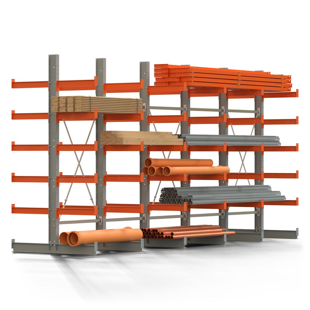 Doppelseitiges Kragarmregal, 2 Felder, 2.500 x 2.000 x 1.120 mm (HxBxT), Nutztiefe 500 mm, Kragarmlast 870 kg, KARL basic, silbergrau/reinorange
