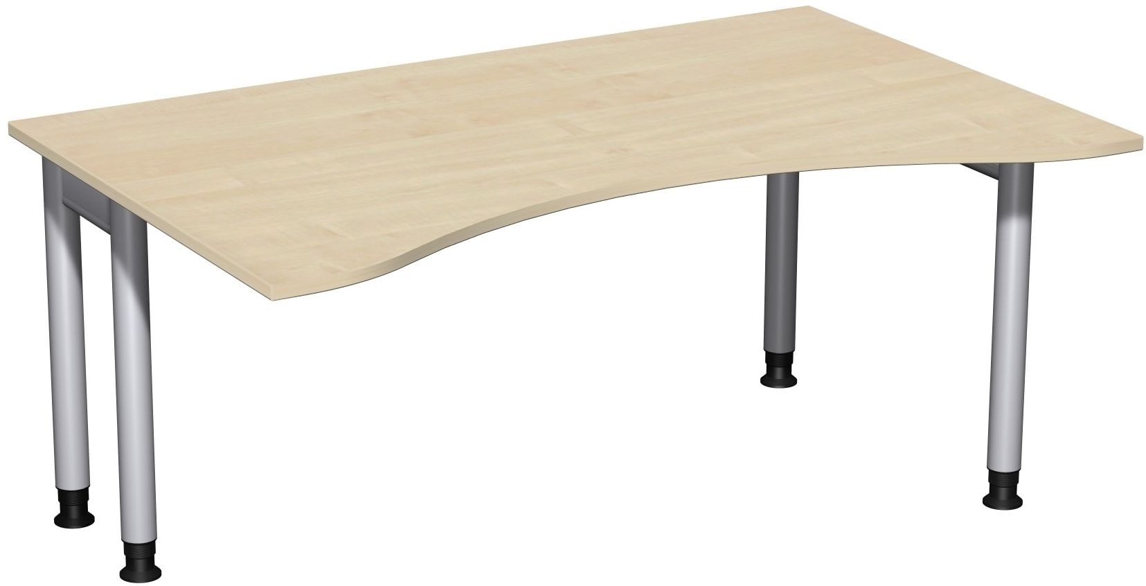 Ergo-Schreibtisch, Füße einseitig verkürzt, 4-Fuß Pro, höhenverstellbar, 680-800 x 1.600 x 1.000 mm (HxBxT), Gestell silber, Dekor Ahorn