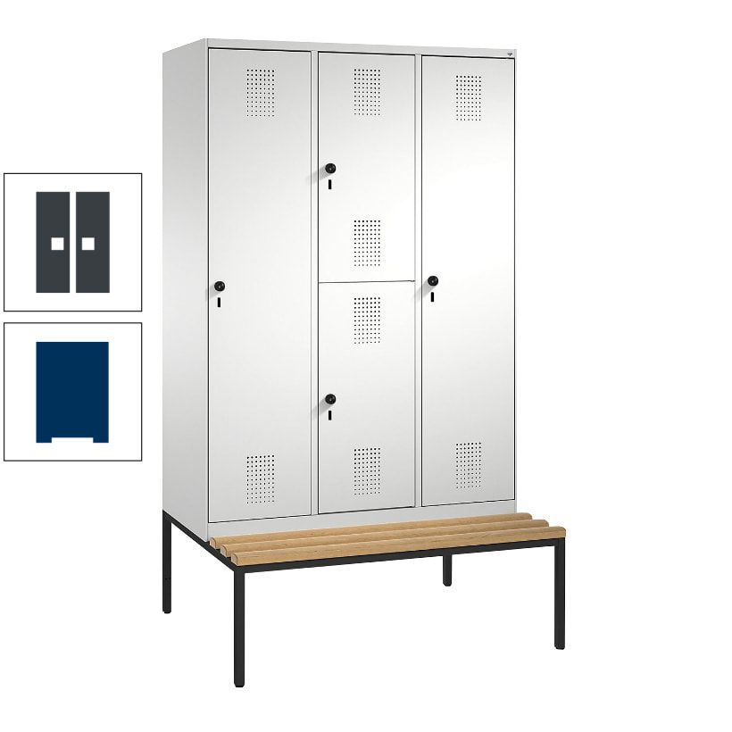 Garderobenschrank, Spind ein- und doppelstöckig Sitzbank, 3 Abteile, 4 Fächer, 2.090x1.200x500 mm (HxBxT), Front anthrazitgrau, Korpus anthrazitgrau