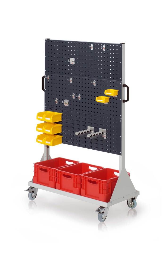 Mobiler Rollwagen, 4 Loch- und 2 Schlitzplatten, 10 Halter, 8 Sichtlagerkästen, SLK-Halter, Transportbehälter, 1.580 x 1.000 x 500 mm, Anthrazitgrau