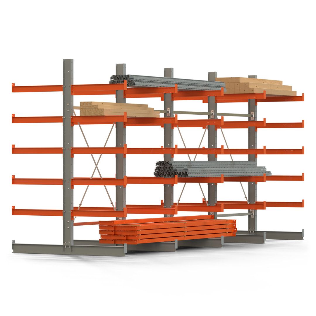 Doppelseitiges Kragarmregal, 2 Felder, 2.500 x 2.560 x 1.120 mm (HxBxT), Nutztiefe 500 mm, Kragarmlast 870 kg, KARL basic, silbergrau/reinorange