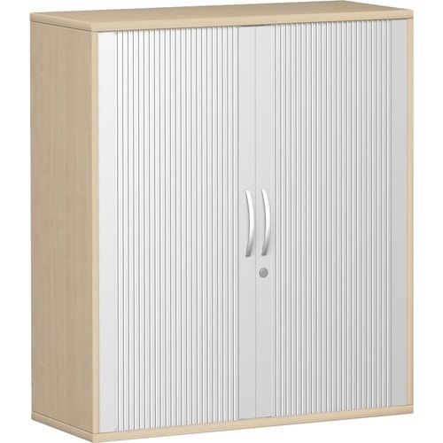 Querrollladenschrank, Dekoreinlageboden, Metallsockel/Standfüße, abschließbar, 1.152 x 1.000 x 425 mm (HxBxT), Korpusfarbe Ahorn, Frontfarbe silber