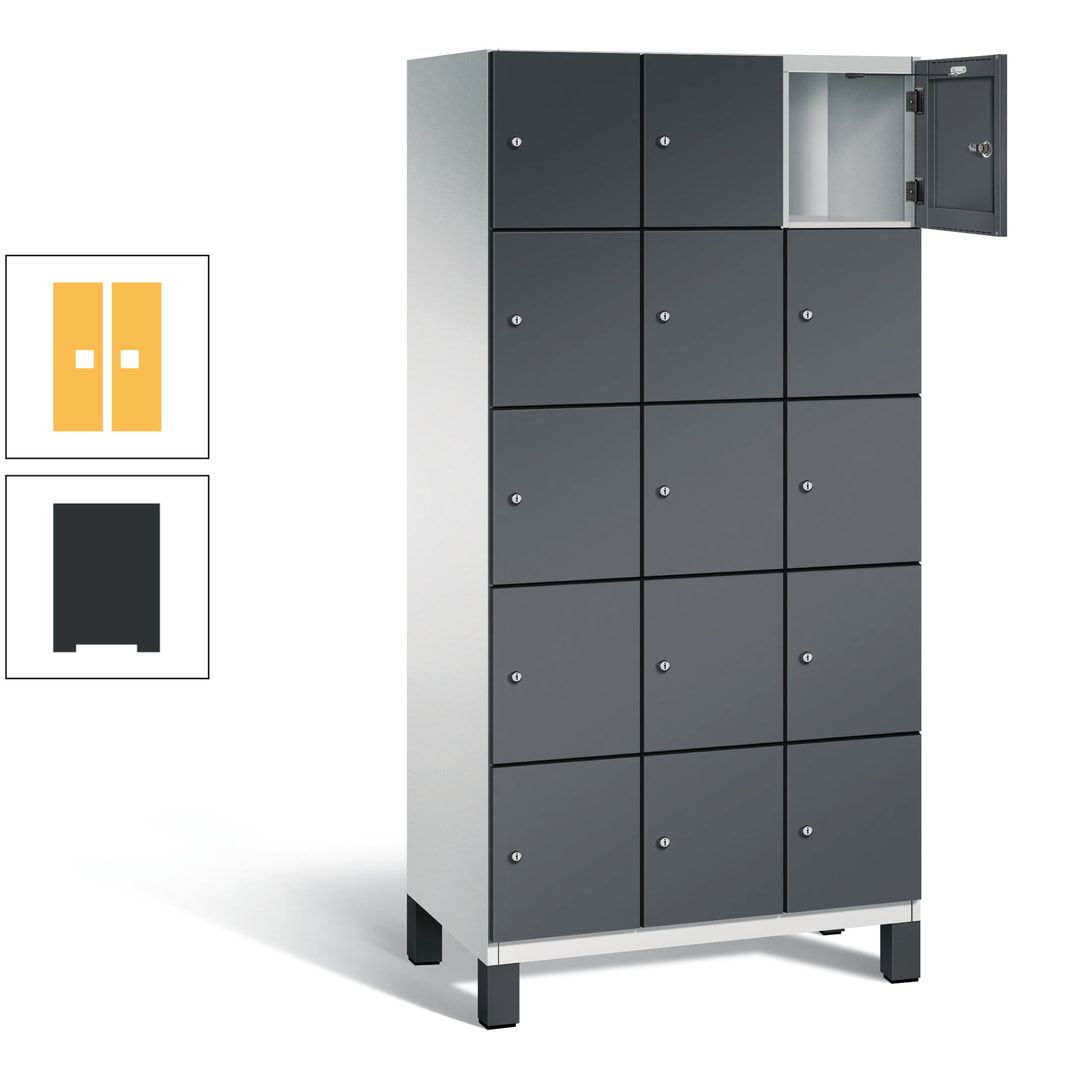 Fächerschrank, Stahlschrank, 15 Fächer, Türöffnungsbegrenzer, Füße, 1.980 x 900 x 525 mm (HxBxT), Korpus anthrazitgrau, Front anthrazitgrau