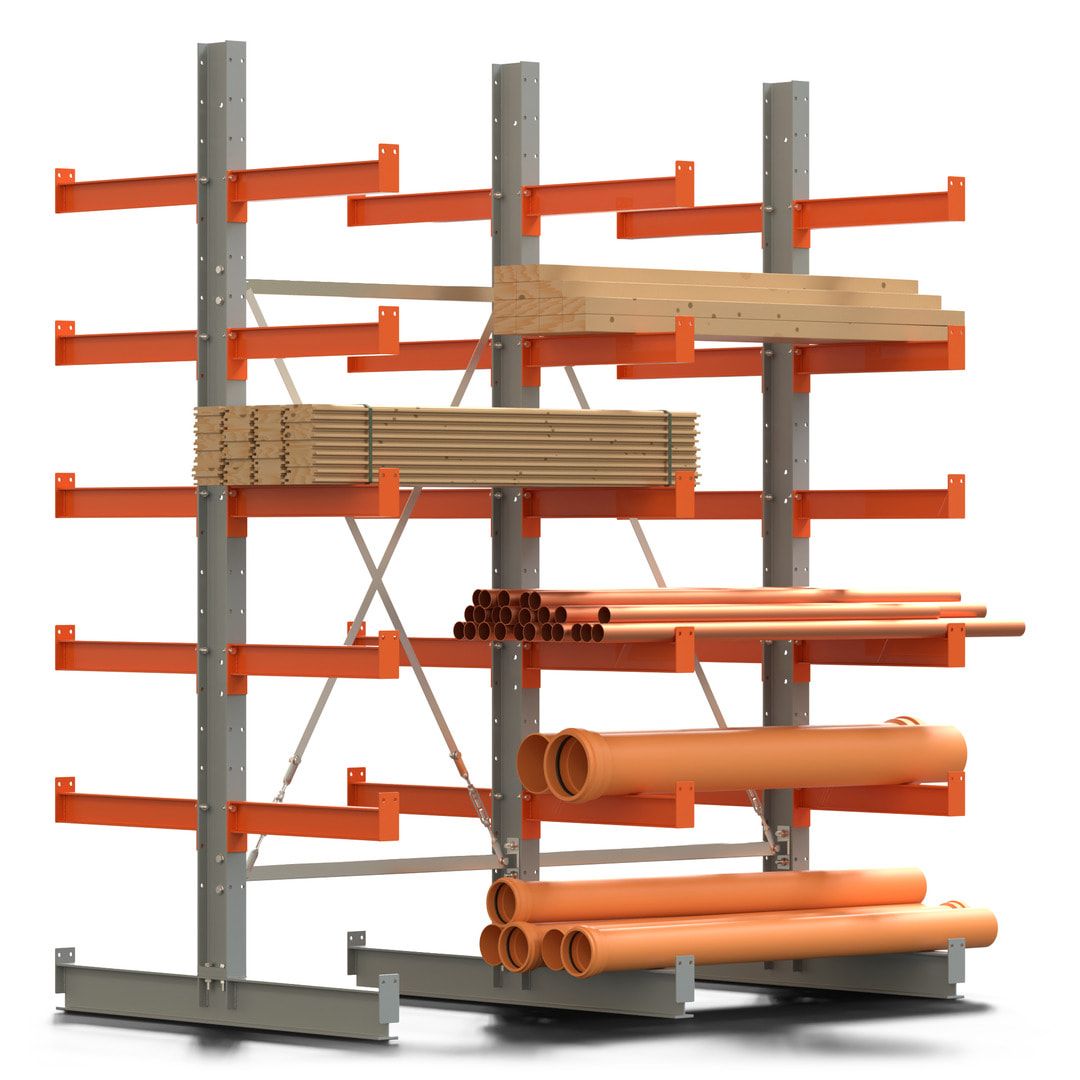 Doppelseitiges Kragarmregal, 2 Felder, 2.500 x 2.000 x 1.120 mm (HxBxT), Nutztiefe 500 mm, Kragarmlast 870 kg, KARL basic, silbergrau/reinorange
