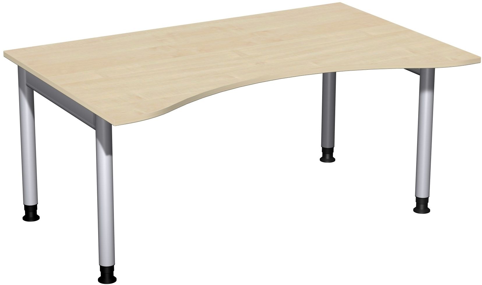 Ergo-Schreibtisch, Füße einseitig verkürzt, 4-Fuß Pro, höhenverstellbar, 680-800 x 1.600 x 1.000 mm (HxBxT), Gestell silber, Dekor Ahorn