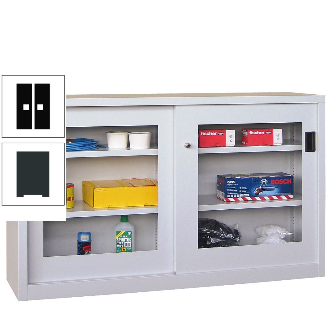 Schiebetürenschrank - Sichtfenstertüren - 1.000x1.500x600 mm (HxBxT) - 4 Böden, verzinkt - Zylinderschloss - anthrazitgrau