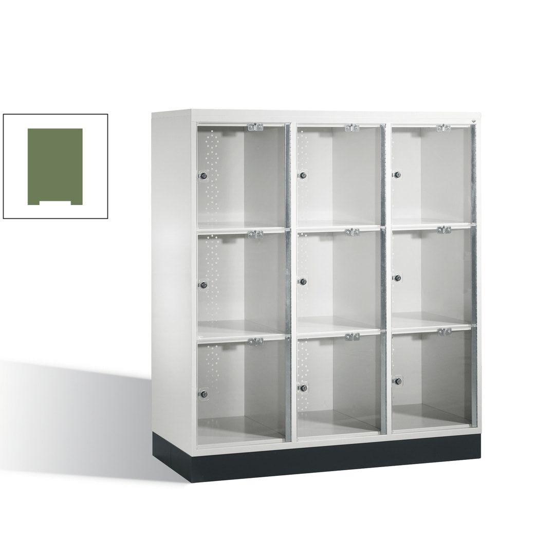 Schließfachschrank, Fächerschrank mit Türen aus Acrylglas, 3 Abteile, 9 Fächer, Zylinderschloss, 1.370 x 1.220 x 500 mm (HxBxT), Korpus anthrazitgrau