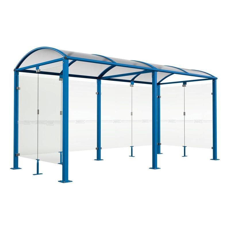 Fahrradunterstand, Fahrradüberdachung, All-in-One + Zusatz, Sicherheitsglas, 2.635 x 5.000 x 2.090 mm (HxBxT), auf Bodenplatten, Farbe enzianblau
