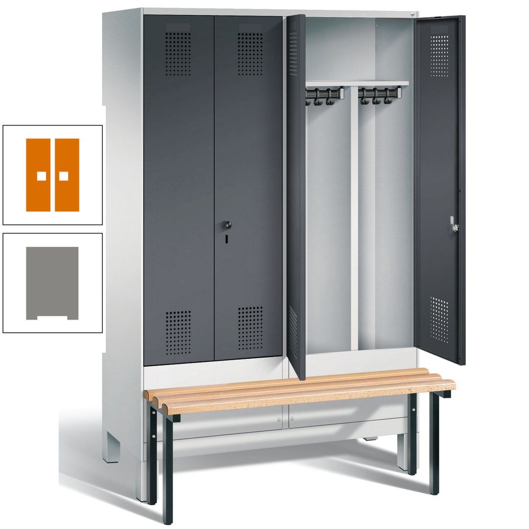 Doppel-Spind, Garderobenschrank, Buche Sitzbank vorgebaut, 4 Abteile a 300 mm, Korpus feuerrot, Tür Wasserblau, 1.850 x 1.200 x 815 mm (HxBxT)