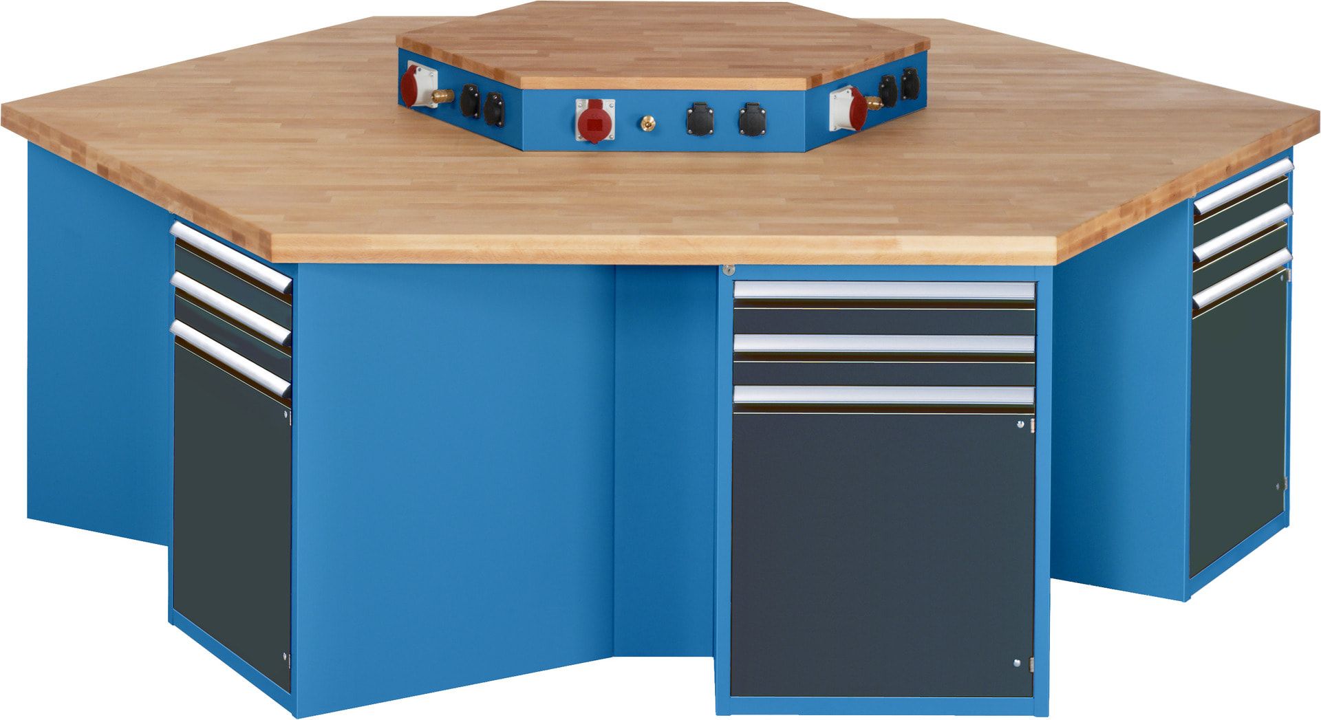 Gruppenwerkbank, Buche, Höhe 840 mm, mit Energieaufsatz, Unterbau-Container, 2 Schubladen, 1 Tür, 1 Boden - Anthrazitgrau
