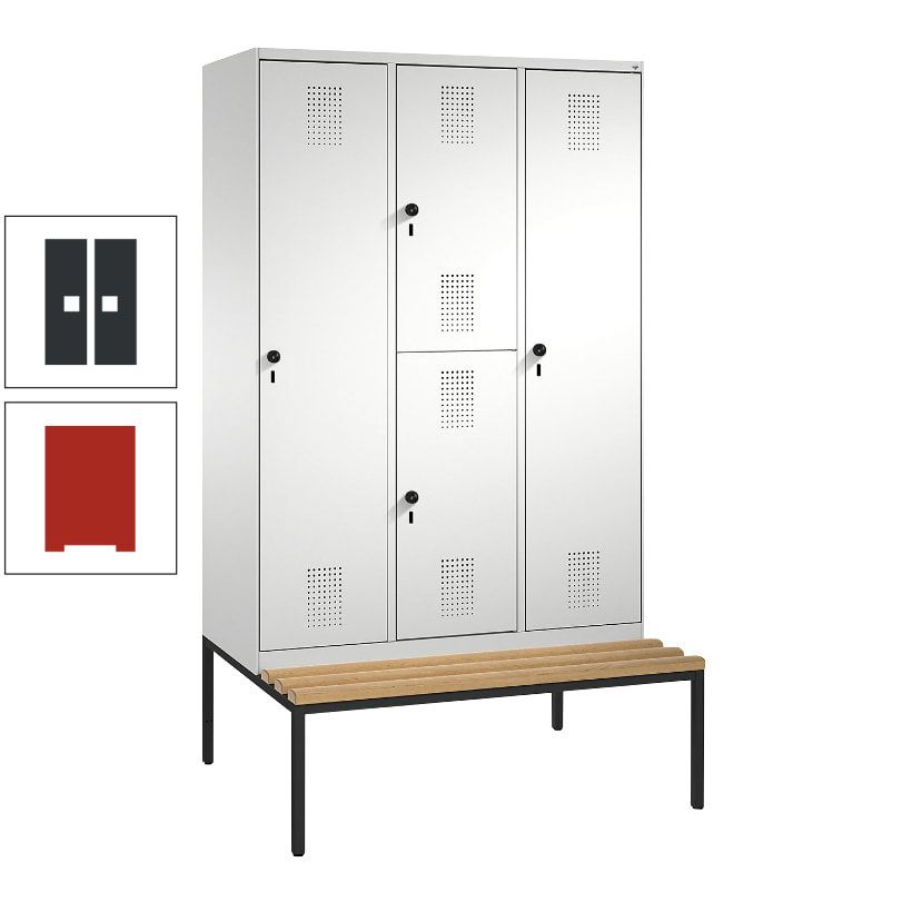 Garderobenschrank, Spind ein- und doppelstöckig Sitzbank, 3 Abteile, 4 Fächer, 2.090x1.200x500 mm (HxBxT), Front anthrazitgrau, Korpus anthrazitgrau