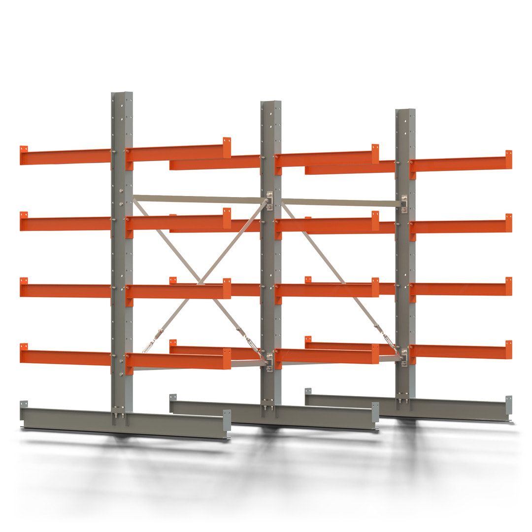 Doppelseitiges Kragarmregal, 2 Felder, 2.000 x 2.560 x 1.120 mm (HxBxT), Nutztiefe 500 mm, Kragarmlast 870 kg, KARL basic, silbergrau/reinorange