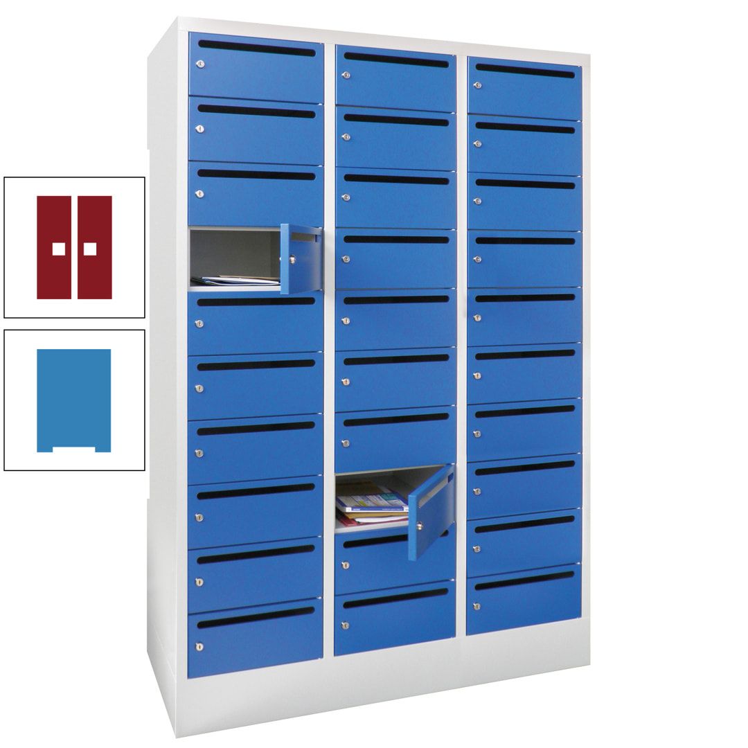 Postverteilerschrank, Schließfachschrank, 3 Abteile a 300 mm, 30 Fächer, 1.850 x 900 x 500 mm (HxBxT), Korpus anthrazitgrau, Front anthrazitgrau