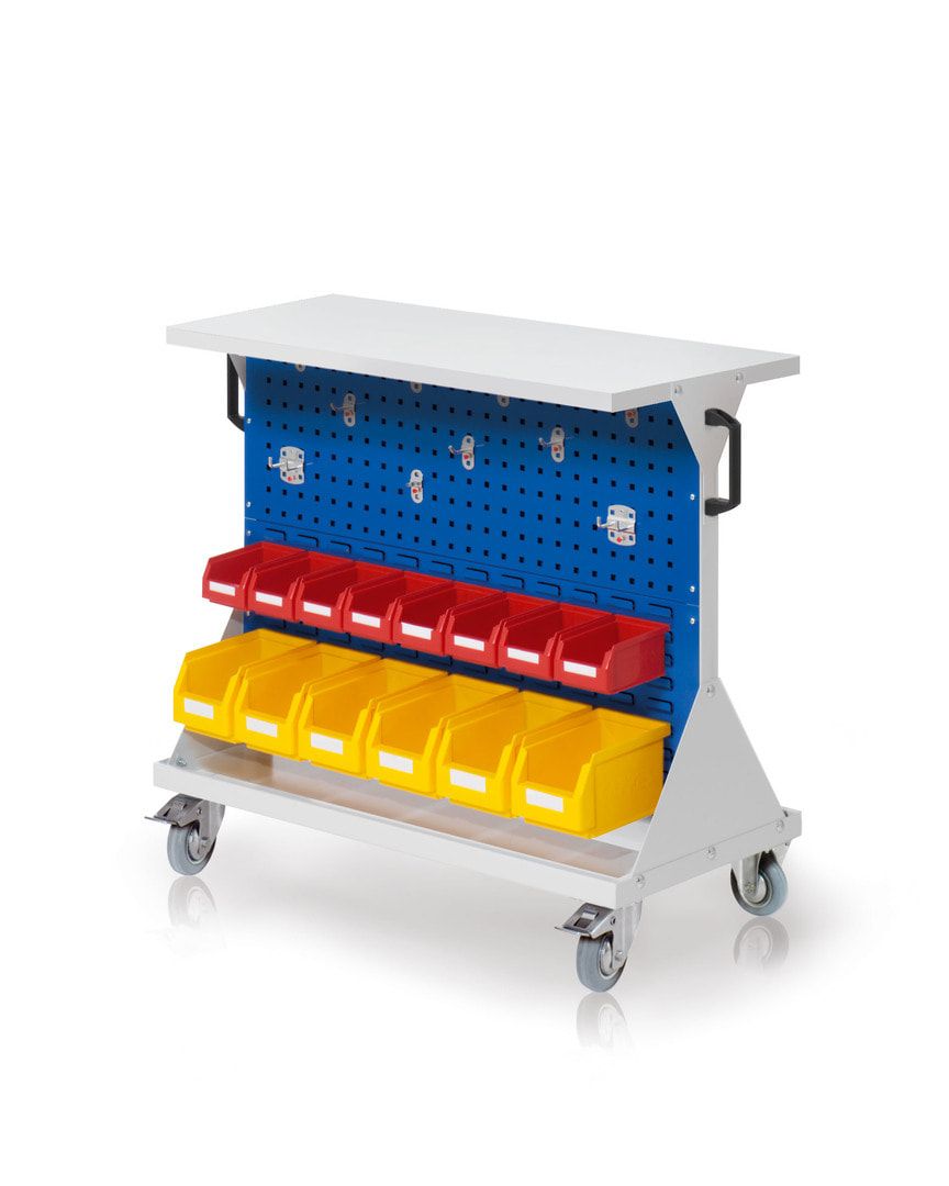 Mobiler Rollwagen, 2 Loch- und 2 Schlitzplatten, 10 Halter und 14 Sichtlagerkästen, Ablageboden, 930 x 1.000 x 500 mm (HxBxT), Anthrazitgrau