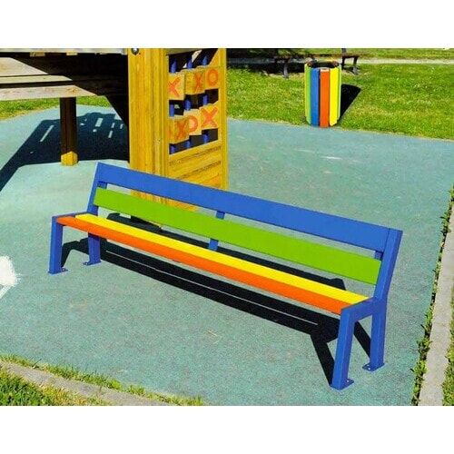 Kindersitzbank, Sitzbank 500 x 1.500 x 379 mm (HxBxT), Tropenholz mehrfarbig, Stahlguss verzinkt, beschichtet in enzianblau, auf Bodenplatten