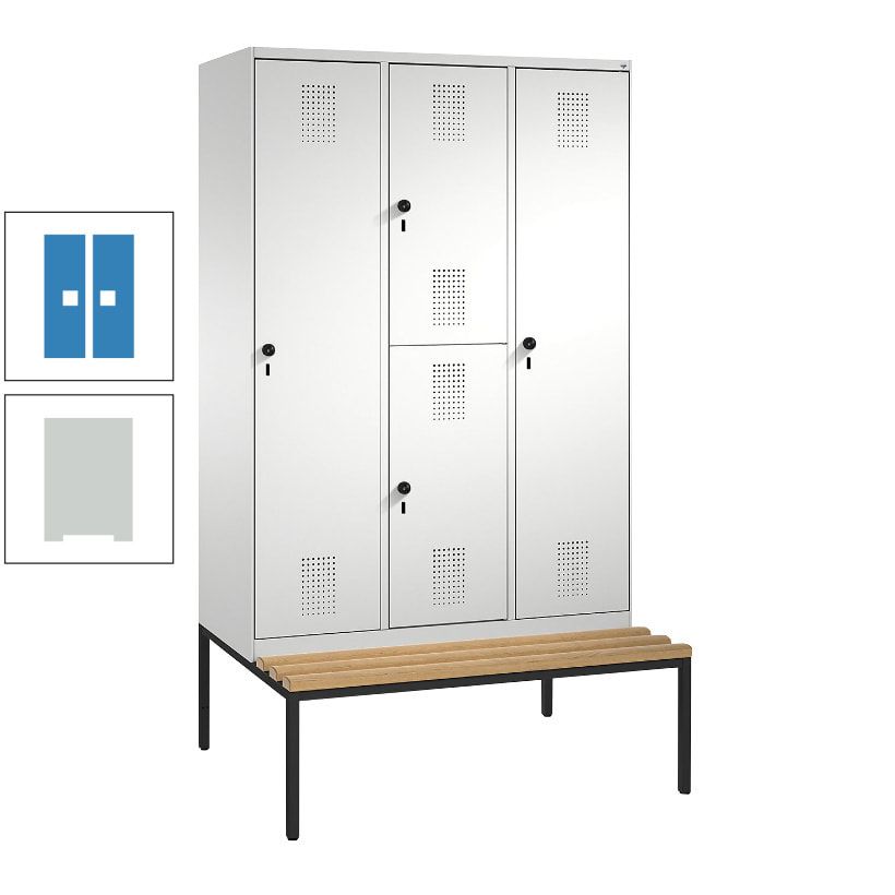 Garderobenschrank, Spind ein- und doppelstöckig Sitzbank, 3 Abteile, 4 Fächer, 2.090x1.200x500 mm (HxBxT), Front anthrazitgrau, Korpus anthrazitgrau