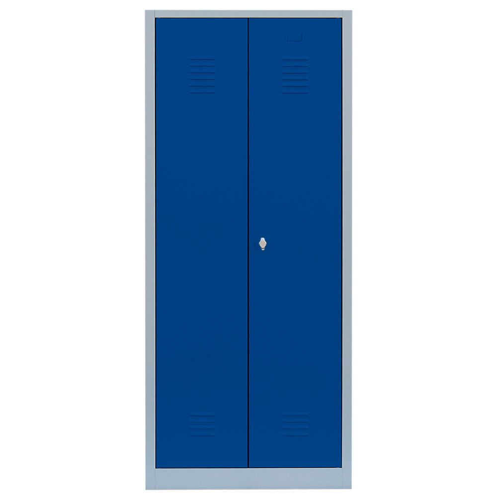 Geräteschrank, Mehrzweckschrank, 2 Abteile, 1.800 x 800 x 500 mm (HxBxT), Drehriegel, Kleiderstange, Stahl, Korpus: lichtgrau, Front: enzianblau