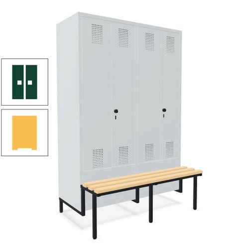 Doppel-Spind, Garderobenschrank, Buche Sitzbank integriert, 4 Abteile 300 mm, Korpus anthrazitgrau, Tür anthrazitgrau, 1.850 x 1.200 x 815 mm (HxBxT)