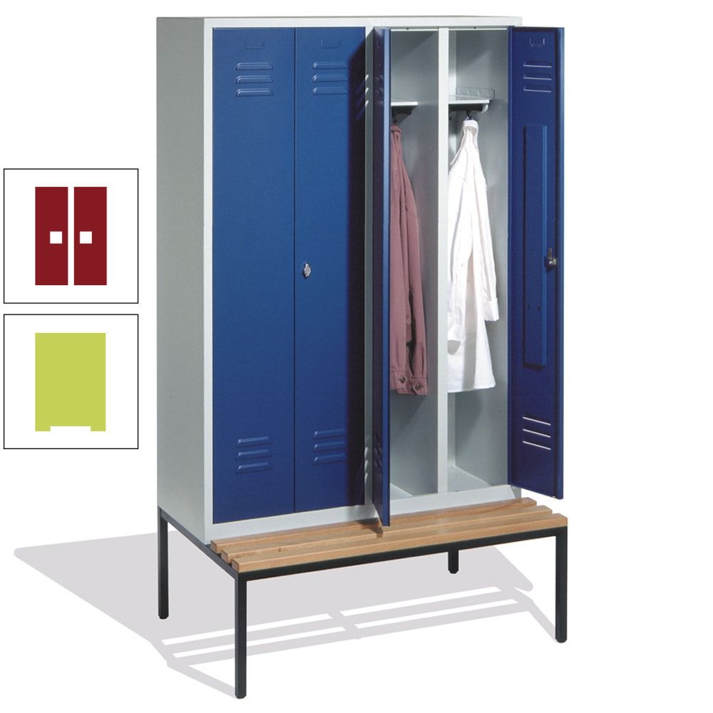 Doppel-Spindschrank, Buche Sitzbank untergebaut, 4 Abteile a 300 mm, Korpus lichtgrau, Tür anthrazitgrau, 2.090 x 1.190 x 815 mm (HxBxT)