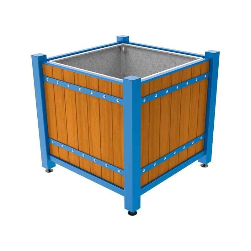 Pflanzbehälter, Pflanzgefäß, verzinkt, Eichenholzverkleidung, innen feuerverzinkt mit Verladungsgriffen, 1.085 x 1.230 x 1.230 mm (HxBxT), enzianblau