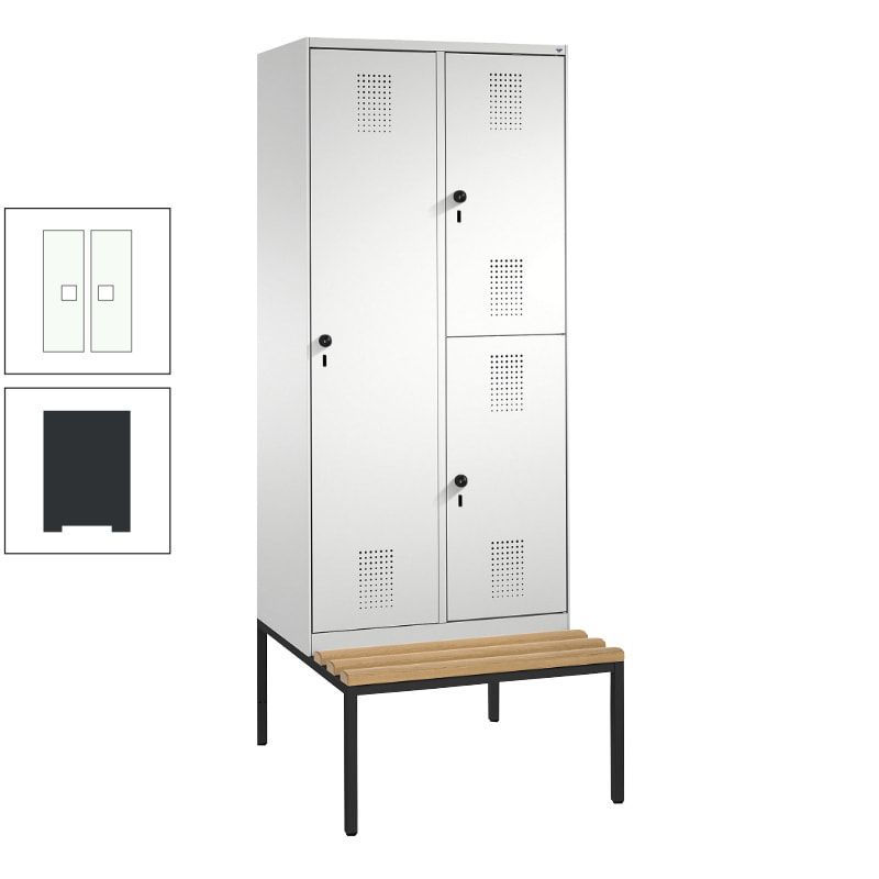 Garderobenschrank, Spind ein- und doppelstöckig Sitzbank, 2 Abteile, 3 Fächer, 2.090 x 800 x 500 mm (HxBxT), Front anthrazitgrau, Korpus anthrazitgrau