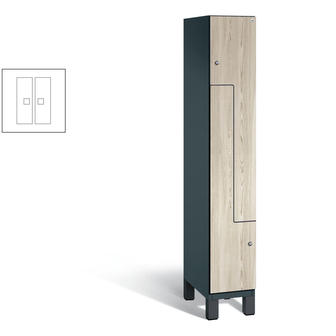 Z-Garderobenspind mit Füßen, 2 Personen, 1.980 x 300 x 525 mm (HxBxT), Korpus Fernblau, Dekorfront HPL Donau-Ahorn