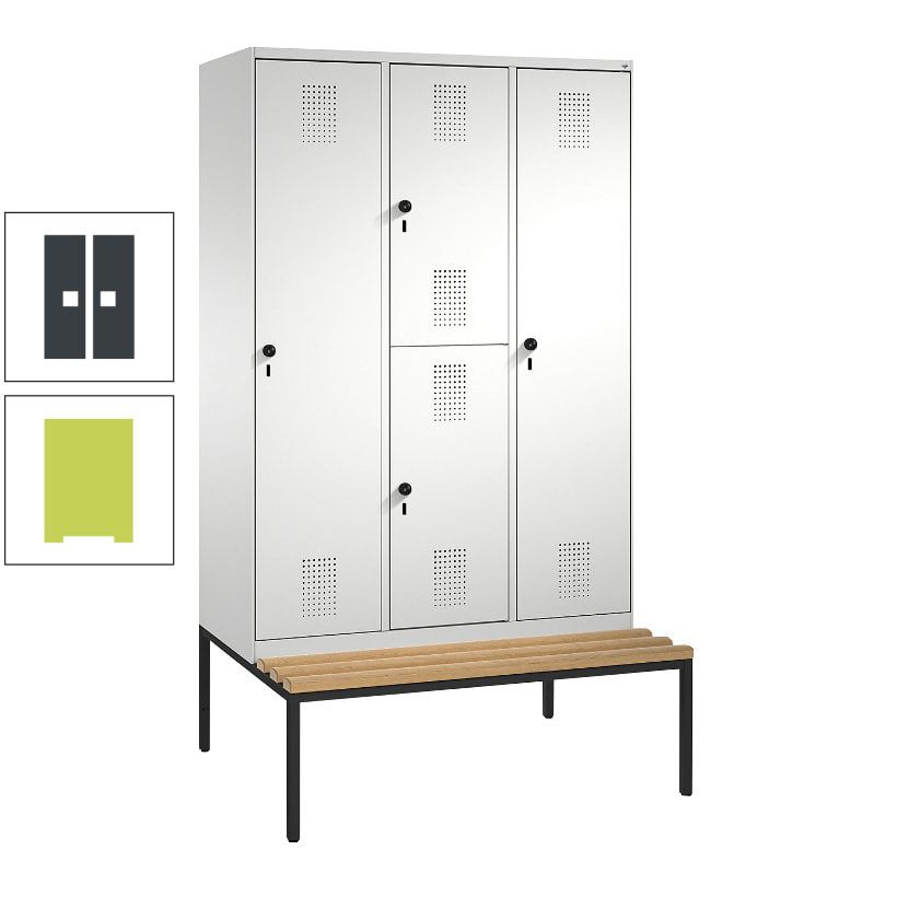 Garderobenschrank, Spind ein- und doppelstöckig Sitzbank, 3 Abteile, 4 Fächer, 2.090x1.200x500 mm (HxBxT), Front anthrazitgrau, Korpus anthrazitgrau