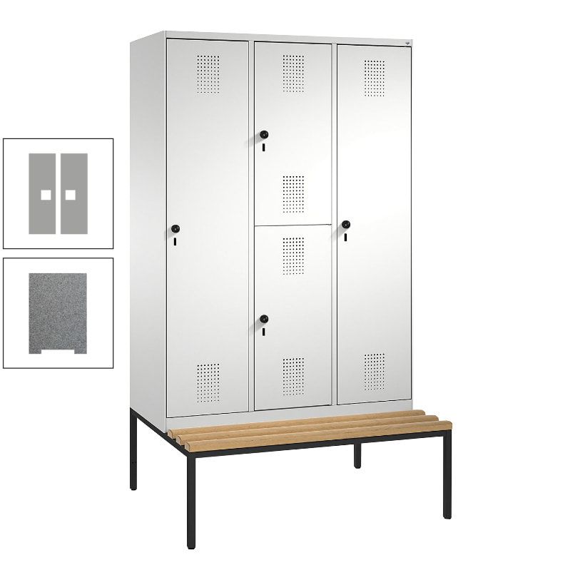 Garderobenschrank, Spind ein- und doppelstöckig Sitzbank, 3 Abteile, 4 Fächer, 2.090x1.200x500 mm (HxBxT), Front anthrazitgrau, Korpus anthrazitgrau