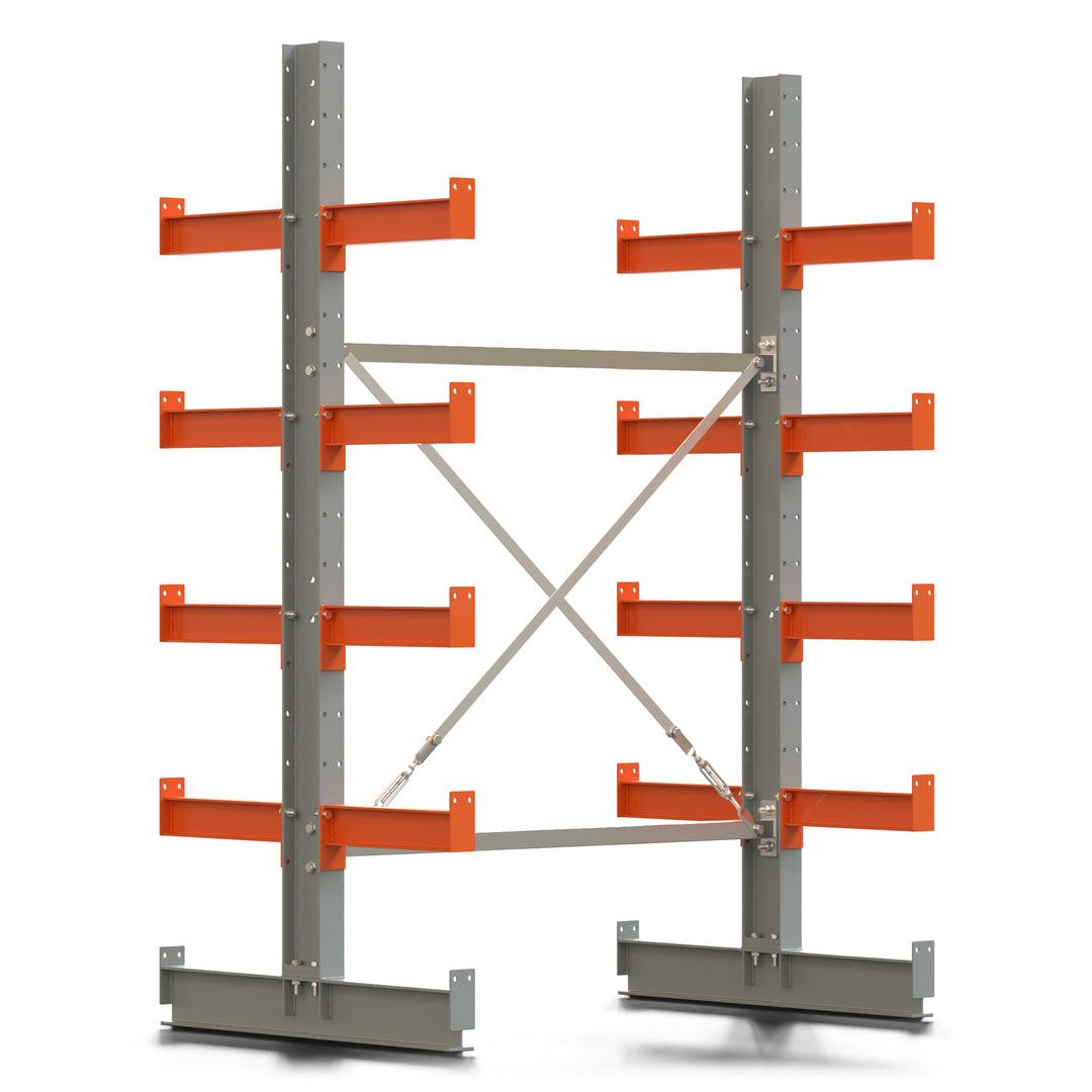 Doppelseitiges Kragarmregal, Anbauregal, 2.000 x 1.280 x 1.120 mm (HxBxT), Nutztiefe 500 mm, Kragarmlast 870 kg, KARL basic, silbergrau/reinorange