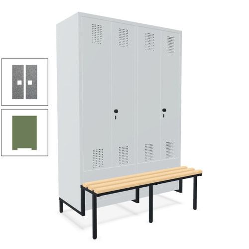 Doppel-Spind, Garderobenschrank, Buche Sitzbank integriert, 4 Abteile 300 mm, Korpus anthrazitgrau, Tür anthrazitgrau, 1.850 x 1.200 x 815 mm (HxBxT)