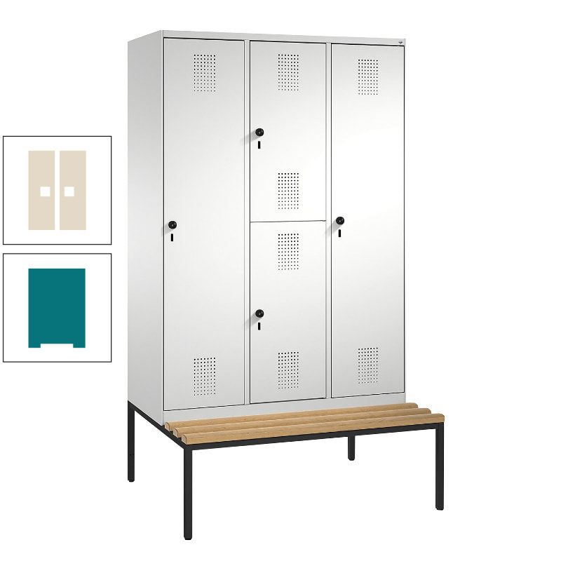 Garderobenschrank, Spind ein- und doppelstöckig Sitzbank, 3 Abteile, 4 Fächer, 2.090x1.200x500 mm (HxBxT), Front anthrazitgrau, Korpus anthrazitgrau