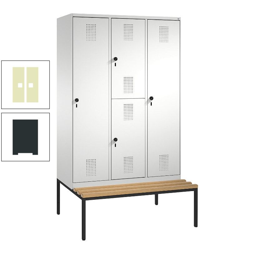 Garderobenschrank, Spind ein- und doppelstöckig Sitzbank, 3 Abteile, 4 Fächer, 2.090x1.200x500 mm (HxBxT), Front anthrazitgrau, Korpus anthrazitgrau
