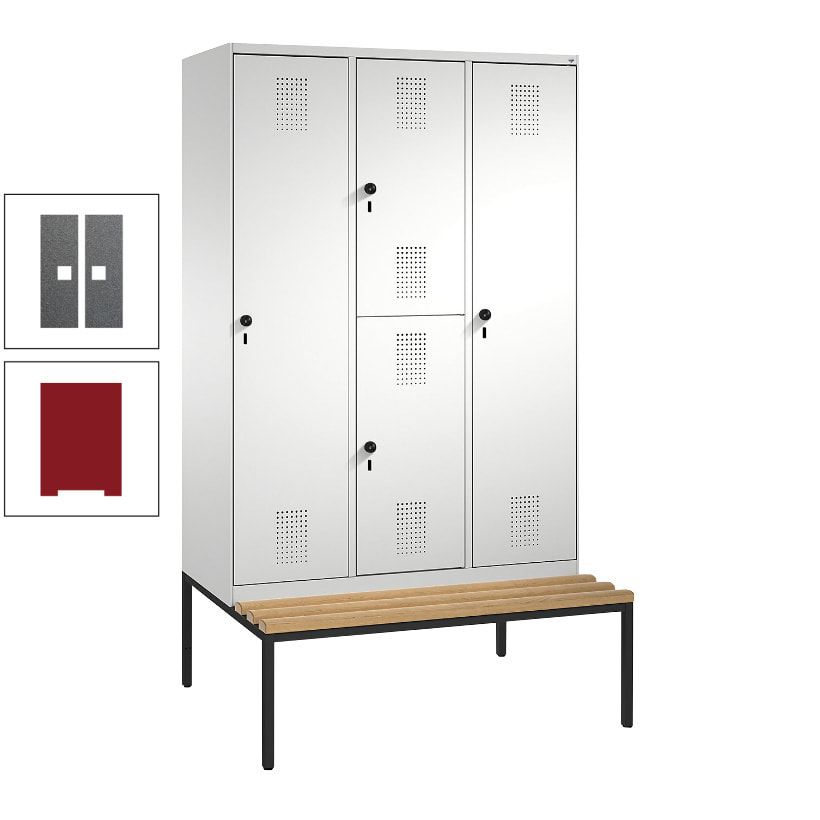 Garderobenschrank, Spind ein- und doppelstöckig Sitzbank, 3 Abteile, 4 Fächer, 2.090x1.200x500 mm (HxBxT), Front anthrazitgrau, Korpus anthrazitgrau