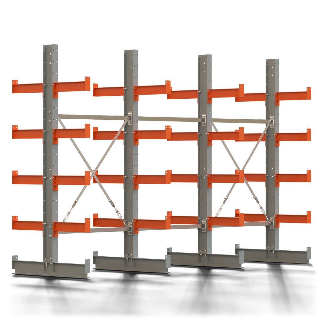 Doppelseitiges Kragarmregal, 2 Felder, 2.000 x 2.000 x 1.120 mm (HxBxT), Nutztiefe 500 mm, Kragarmlast 870 kg, KARL basic, silbergrau/reinorange