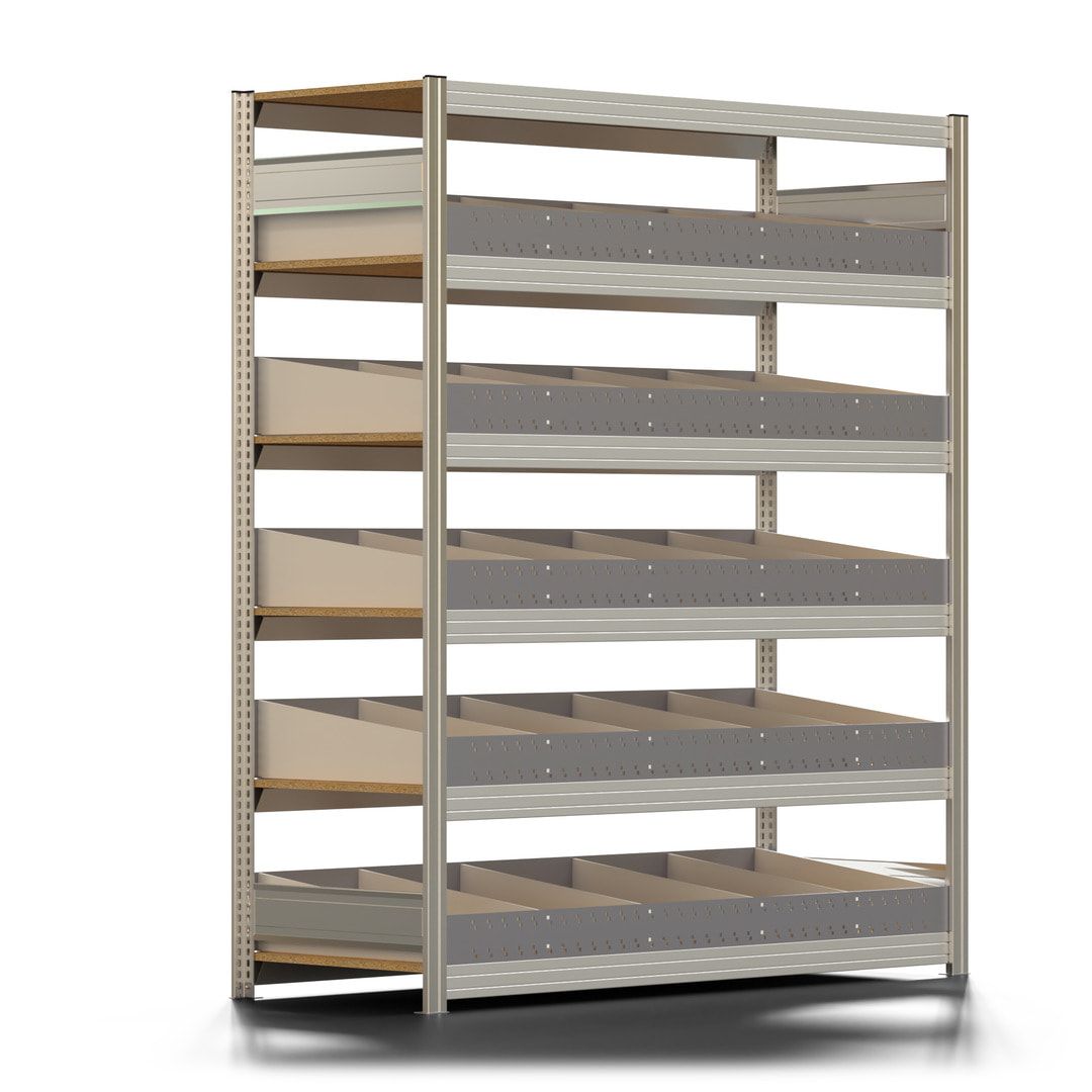 Schwerlast Schüttgutregal, Eisenwarenregal mit 5 x Schüttgut Ebene, 2.000 x 1.695 x 626 mm (HxBxT), verzinkt, Anbauregal, Steckregal, BERT