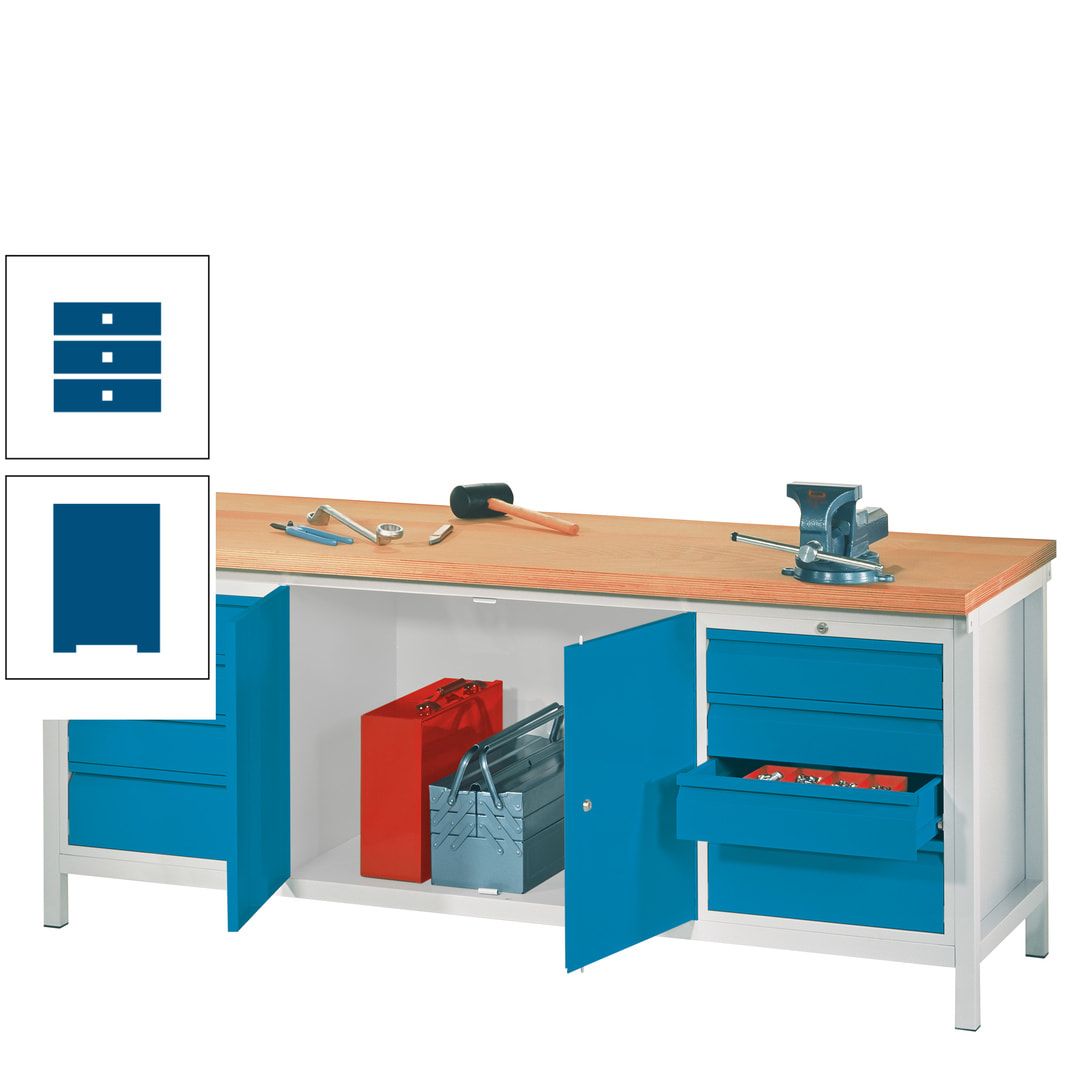 Werkbank mit Schubladenblöcken und Schrank - Traglast 1.400 kg - 900 x 2.000 x 700 (HxBxT) - anthrazitgrau