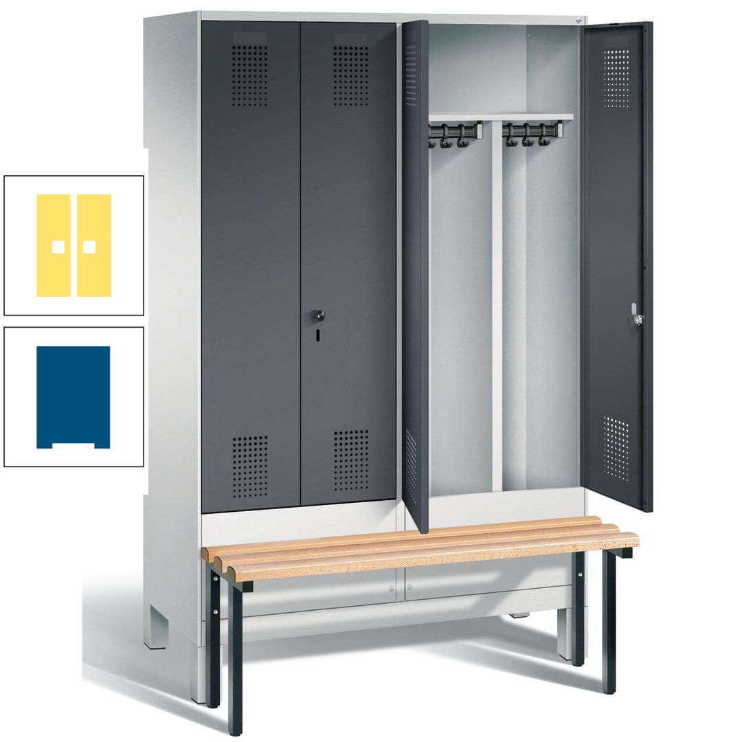 Doppel-Spind, Garderobenschrank, Buche Sitzbank vorgebaut, 4 Abteile a 300 mm, Korpus feuerrot, Tür Wasserblau, 1.850 x 1.200 x 815 mm (HxBxT)