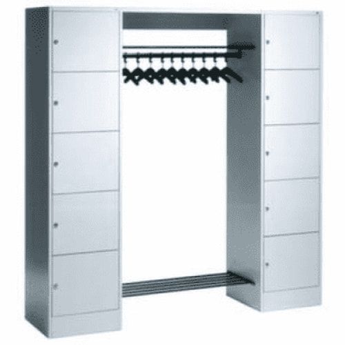 Garderobenanlage, Offene Garderobe mit Spindschrank, 10 Fächer, links/rechts, Korpus lichtgrau, Türfarbe enzianblau, 1.950 x 1.870 x 480 mm (HxBxT)