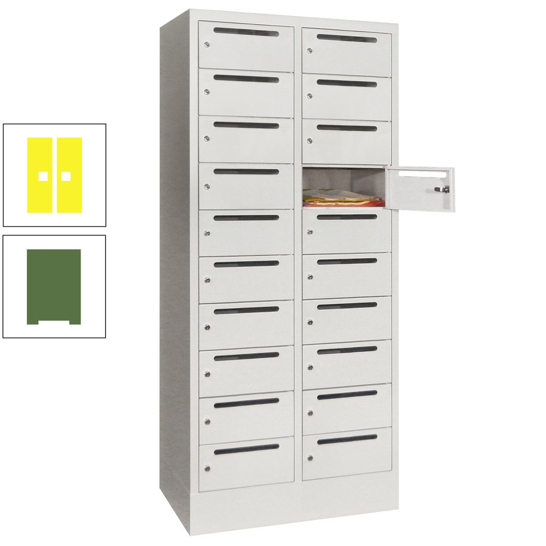 Postverteilerschrank, Schließfachschrank, 2 Abteile a 400 mm, 20 Fächer, 1.850 x 800 x 500 mm (HxBxT), Korpus anthrazitgrau, Front anthrazitgrau