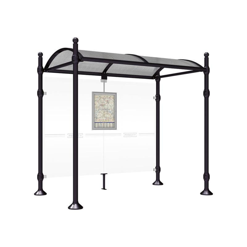 Buswartehalle, Unterstand, 2.500 x 2.500 x 1.600 mm (HxBxT), Kopfmodell Agora, ESG, Fahrplanschaukasten, Farbe enzianblau