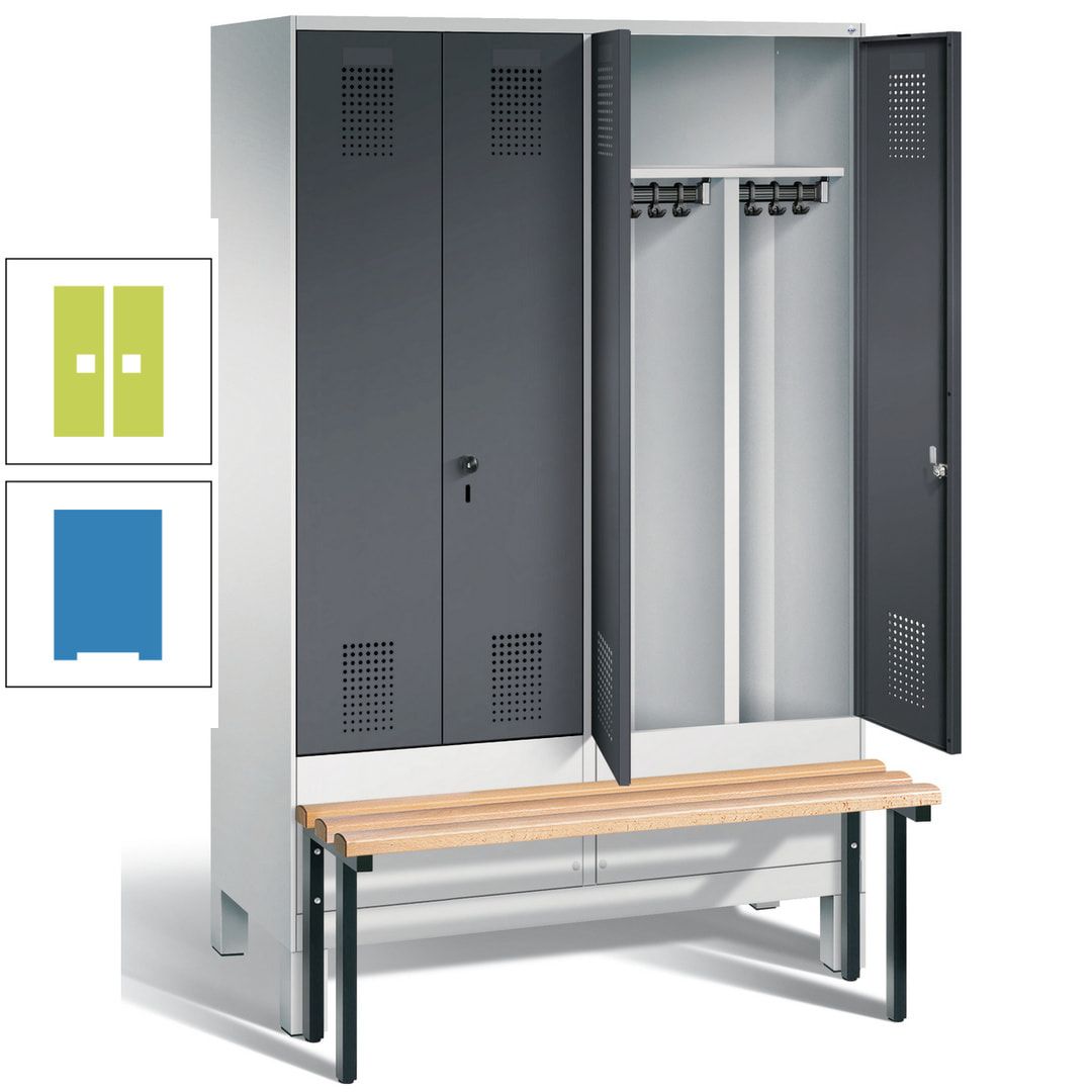 Doppel-Spind, Garderobenschrank, Buche Sitzbank vorgebaut, 4 Abteile a 300 mm, Korpus feuerrot, Tür Wasserblau, 1.850 x 1.200 x 815 mm (HxBxT)