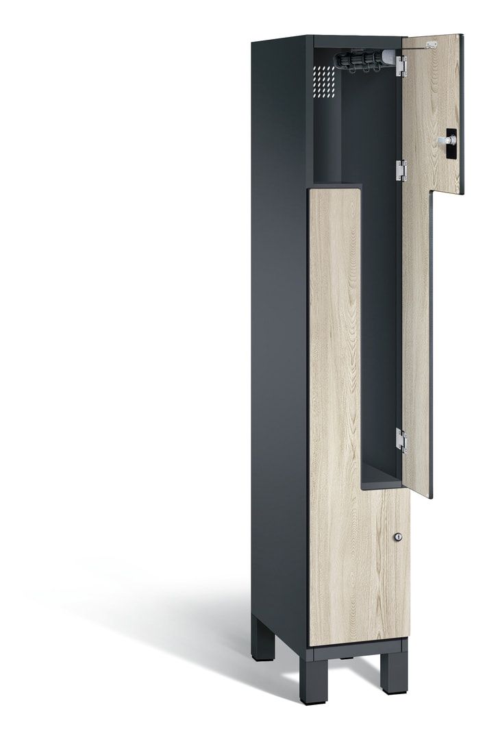 Z-Garderobenspind mit Füßen, 2 Personen, 1.980 x 300 x 525 mm (HxBxT), Korpus Fernblau, Dekorfront HPL Donau-Ahorn