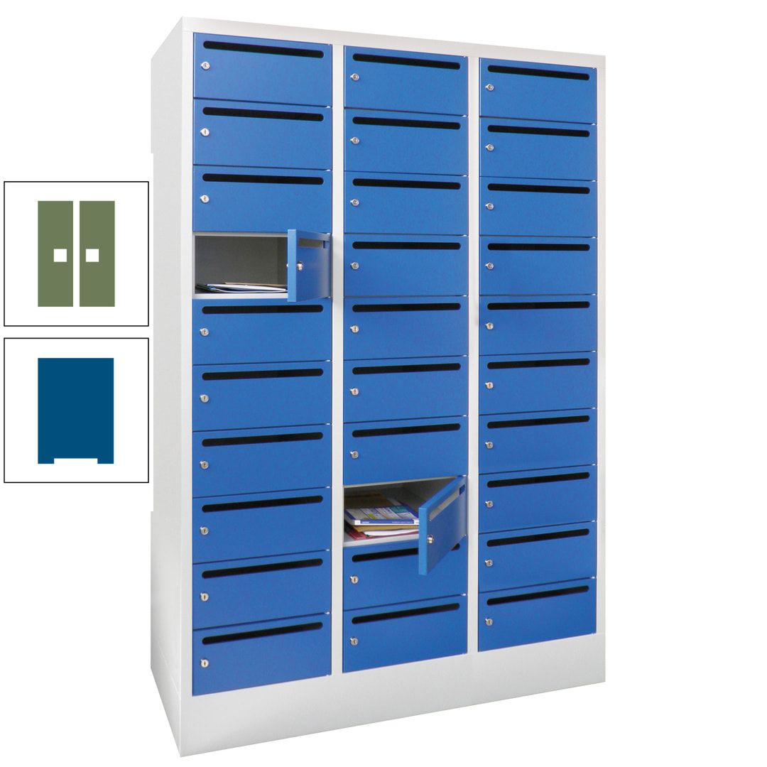 Postverteilerschrank, Schließfachschrank, 3 Abteile a 300 mm, 30 Fächer, 1.850 x 900 x 500 mm (HxBxT), Korpus anthrazitgrau, Front anthrazitgrau